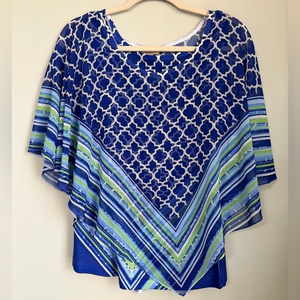 ONE WORLD Poncho over Tank Top Blue and Green Patterned, 2 Pieces, Size Small